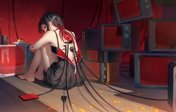 Girl, charging, cyborg, sitting, TV, cords, smartphone, outlet