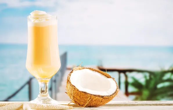 Picture sea, palm trees, glass, coconut, cocktail
