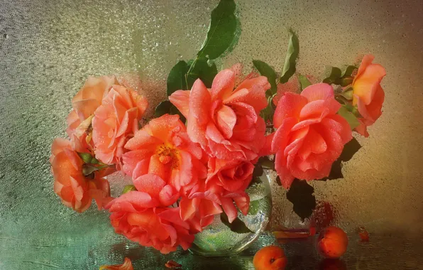 Glass, leaves, drops, flowers, moisture, roses, bouquet, vase