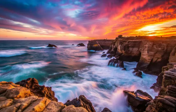 Picture sea, wave, sunset, clouds, rocks, shore, waves, sea