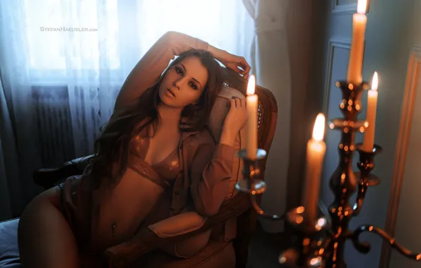 Sexy, pose, room, fire, model, panties, candles, makeup