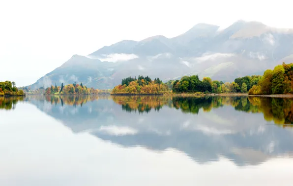 Autumn, trees, mountains, nature, fog, lake, reflection, England