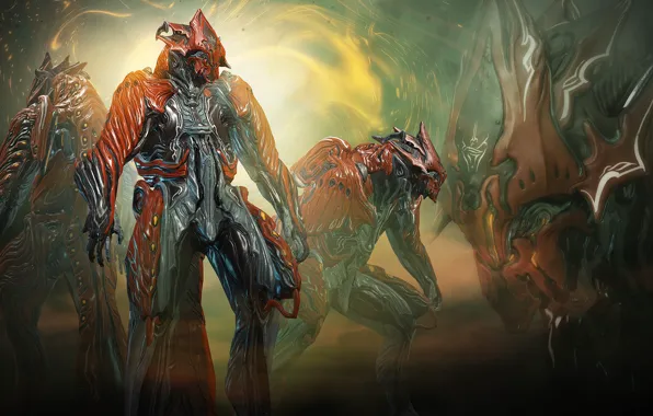 Light, background, collage, the game, warrior, creatures, armor, Warframe