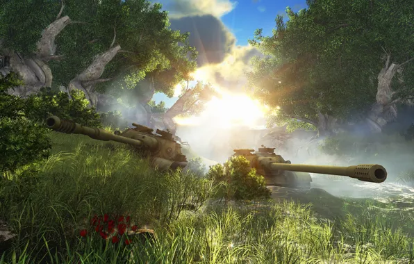 Picture forest, art, tanks, WoT, World of Tanks, S. T. V. O. L., SU-122-54