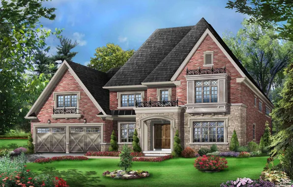 Trees, flowers, design, lawn, graphics, home, garden, mansion