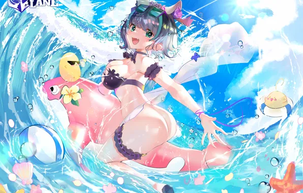 Girl, sexy, ass, cleavage, green eyes, sea, boobs, anime
