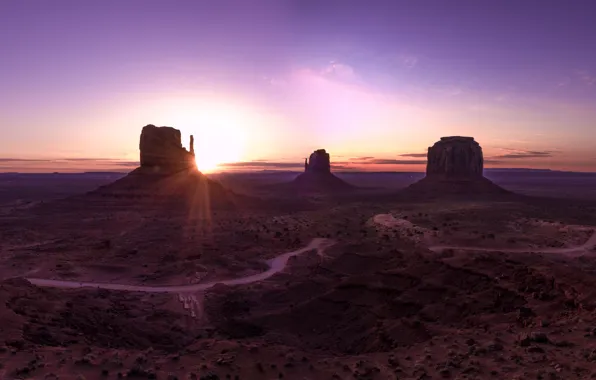 Picture mountains, dawn, desert, valley, landscape, panorama, arizona, monument valley