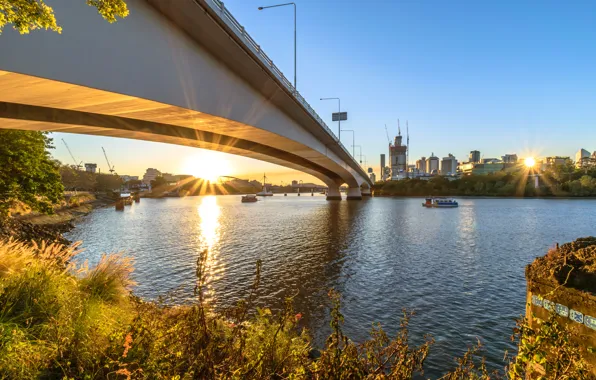 The sky, the sun, rays, bridge, river, dawn, Australia, boat
