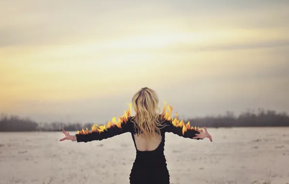 Girl, background, fire