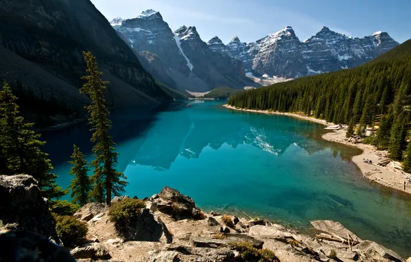 Forest, mountains, lake, Canada
