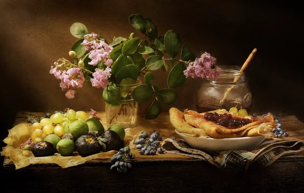 Picture flowers, glass, bouquet, fruit, grapes, Bank, sweets, fruit