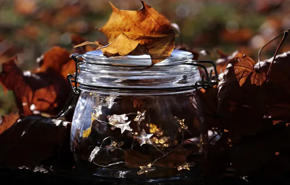 Autumn, glass, leaves, Bank, garland, stars, composition, autumn leaves