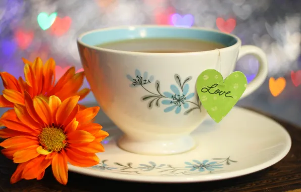 Picture love, flowers, lights, holiday, tea, heart, Cup, love