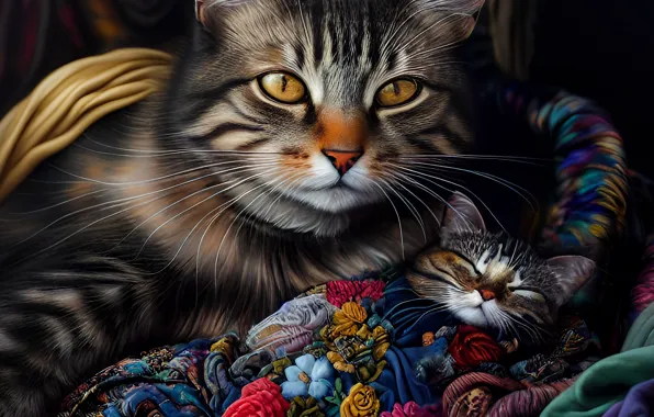 Cat, look, flowers, kitty, portrait, baby, art, mom
