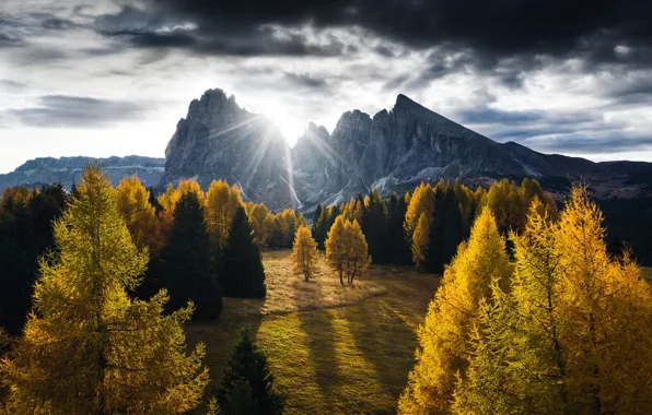 Picture the sun, rays, trees, landscape, mountains, clouds, nature, Italy