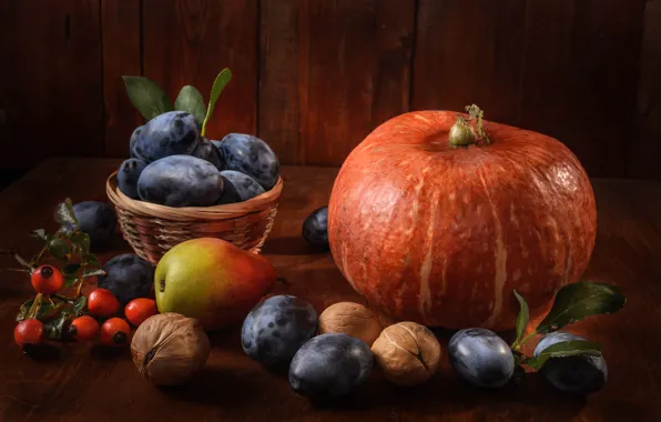 Pumpkin, pear, nuts, still life, plum