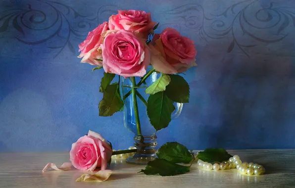 Flowers, glass, roses, pearl, beads, still life