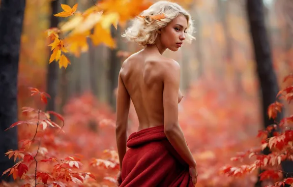 Autumn, chest, leaves, girl, pose, back, figure, blonde