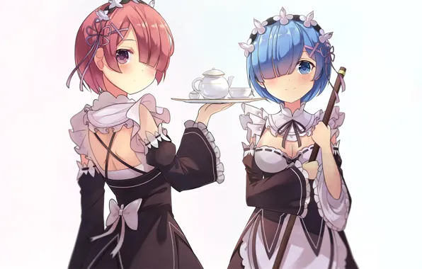 White background, uniform, blue hair, tray, bangs, ruffles, maids, Re Life in the alternative world …