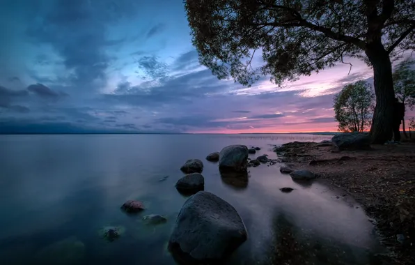 Sunset, river, stones, the evening
