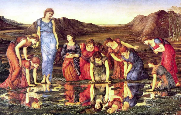 Girls, mirror, puddle, Edward, 1875, Sir Edward Burne-Jones, The_Mirror_of_Venus