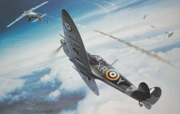 War, art, Spitfire, painting, ww2, dogfight
