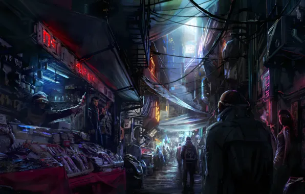 City, future, game, art, Neon, starfield