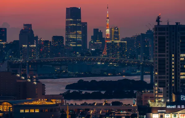 Sunset, bridge, lights, river, home, the evening, Tokyo, Japan