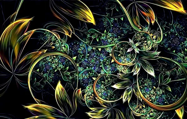 Leaves, flowers, abstraction, rendering, background, stems, Wallpaper, curves