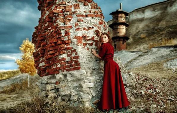 Look, landscape, pose, model, makeup, dress, hairstyle, the ruins