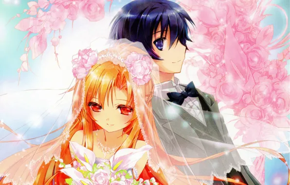 Flowers, bouquet, the bride, veil, art, wedding, the groom, sword art online