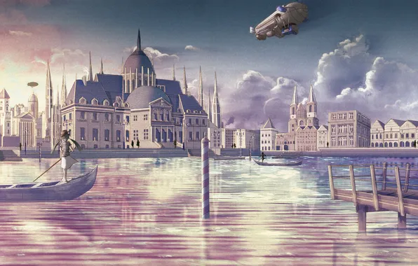 Sunset, bridge, boat, Girl, the airship, Palace