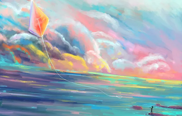 Sea, the sky, clouds, landscape, boy, cap, painting, Gabrielle Ragusi