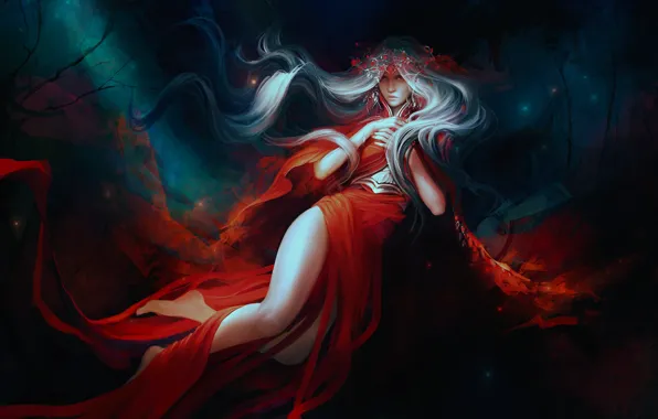 Picture girl, fantasy, red dress, by exellero