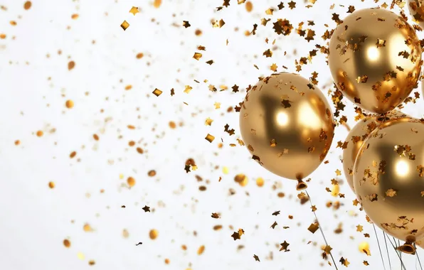 Balloons, holiday, white background, gold, confetti, Birthday, AI art, universal holiday background