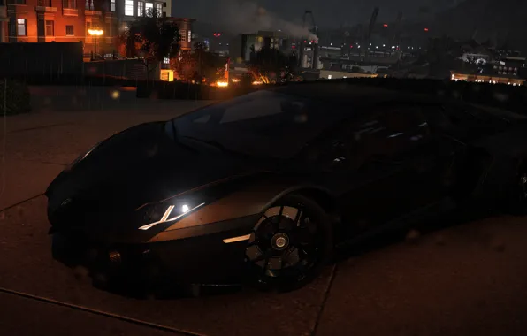 Night, the city, rain, Lamborghini, Matt, lights, Aventador, The Crew