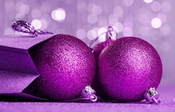Purple, close-up, glare, background, holiday, balls, new year, package