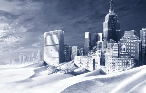Snow, ship, building, New York