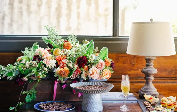 Flowers, glass, lamp, bouquet, window, candy, champagne, sweet