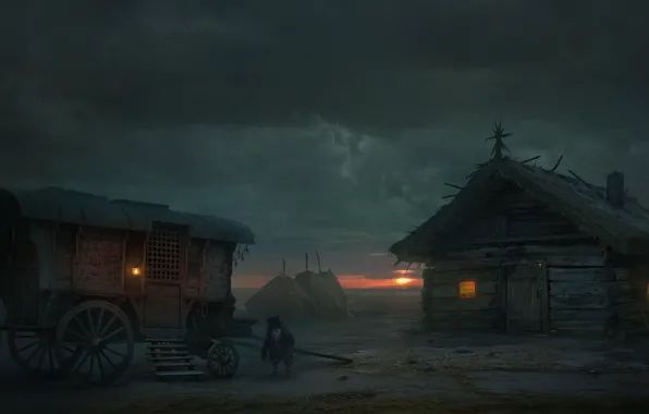 Clouds, house, the evening, wagon, dwarf, dwarf