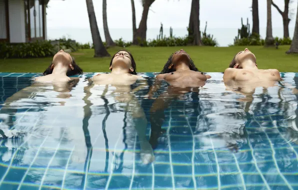 Water, reflection, girls, pool, lawn
