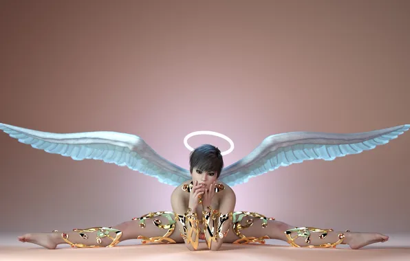 Girl, gold, naked, body, wings, angel, halo