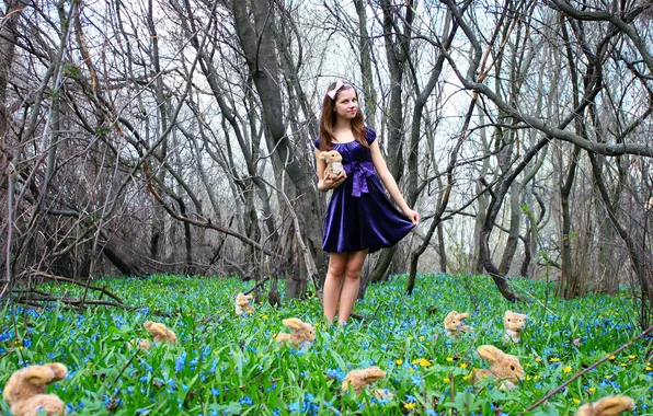 Picture FOREST, GRASS, DRESS, TOYS, FLOWERS, GIRL, TREES, HARE