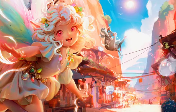 The city, street, anime, fairy, girl, from panda, by panda