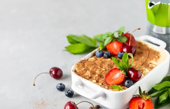 Picture cherry, berries, strawberry, mint, dessert, tiramisu, Karina Klachuk