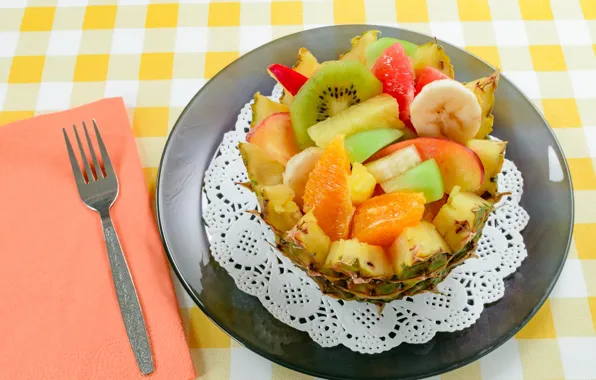 Picture apples, orange, kiwi, bananas, pineapple, dessert, fruit salad