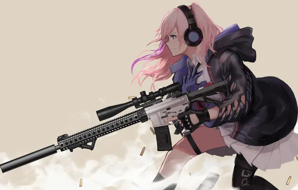 Gun, game, pink hair, weapon, anime, pretty, sniper, asian