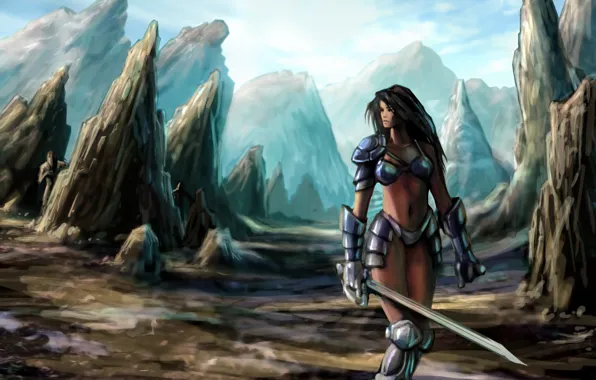 Picture girl, mountains, rocks, sword, armor