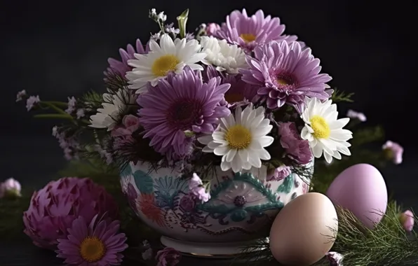Flowers, table, holiday, egg, eggs, bouquet, spring, Easter