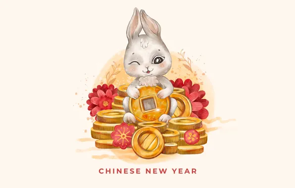 Gold, money, rabbit, Christmas, New year, coins, light background, the year of the rabbit